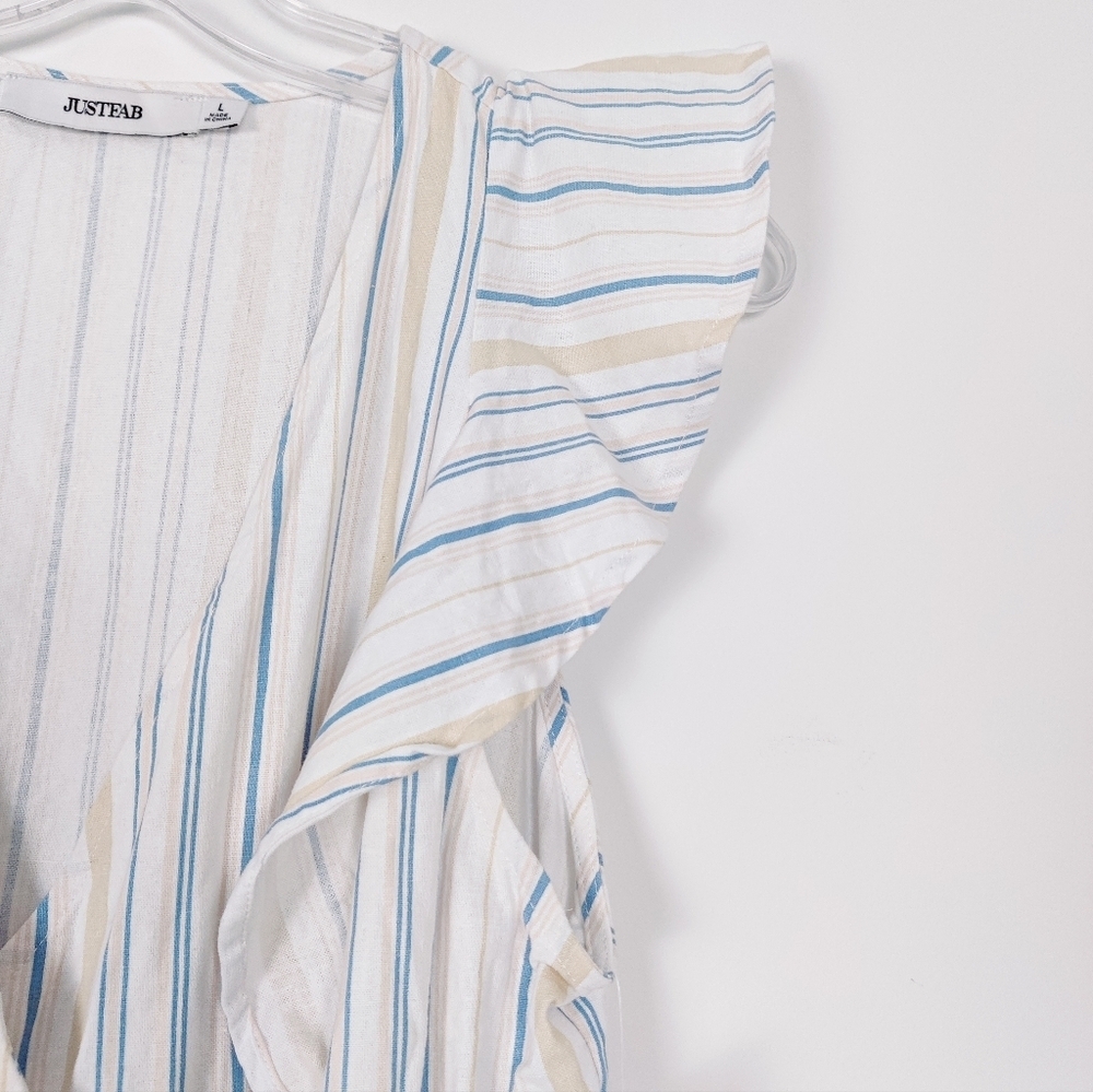 JustFab Women's Striped Ruffle Wrap Mini Dress Size Large NEW Linen Cotton - Picture 5 of 14